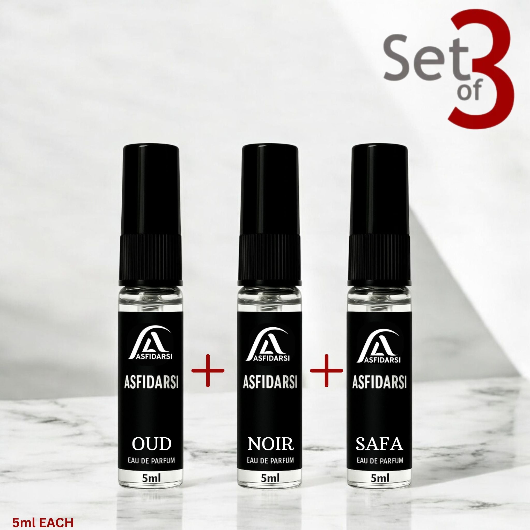 ASFIDARSI Luxury Tester Combo Pack – OUD + NOIR + SAFA (Set of 3 × 5ml Eau De Parfum)