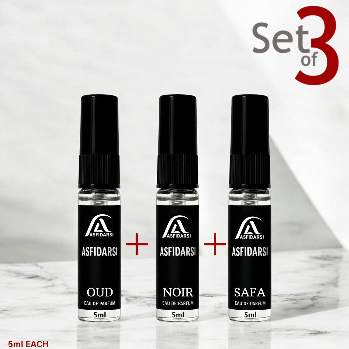 ASFIDARSI Luxury Tester Combo Pack – OUD + NOIR + SAFA (Set of 3 × 5ml Eau De Parfum)